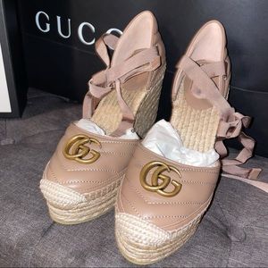 Gucci Nappa Charlotte Leather marmont GG Platform espadrille rose Grossgrain
